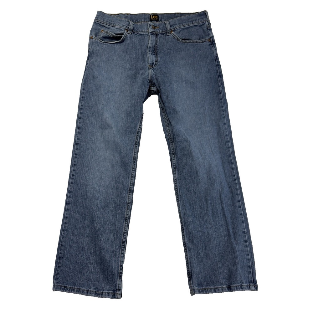 Lee Regular Fit Straight Leg Jeans Men's 36X29 (34x29 fit) Blue Distressed Denim